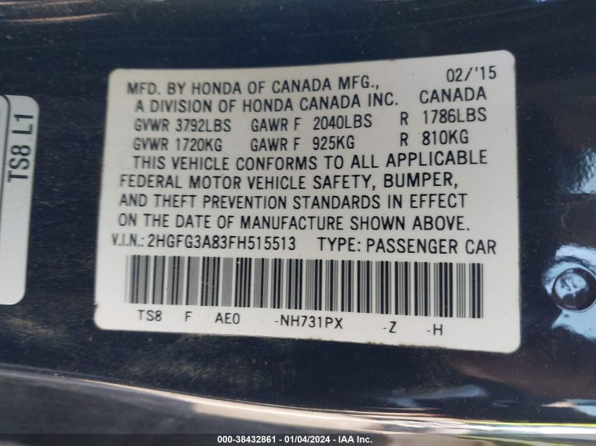 2015 HONDA CIVIC EX - 2HGFG3A83FH515513