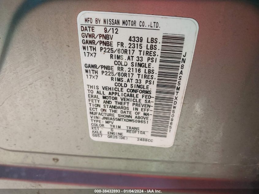 2013 NISSAN ROGUE S/SV - JN8AS5MTXDW509651