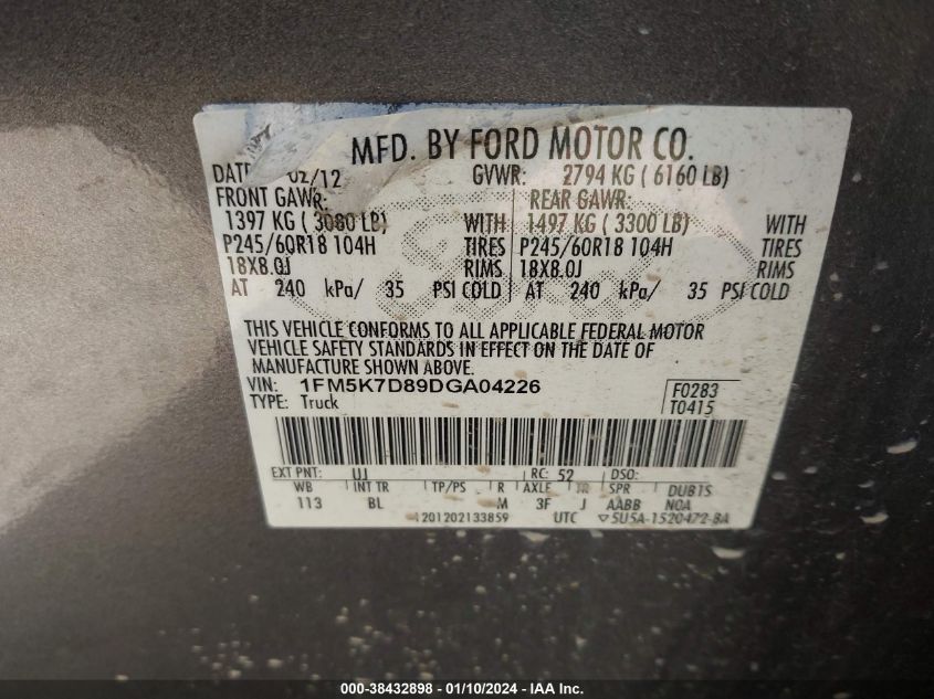 2013 FORD EXPLORER XLT - 1FM5K7D89DGA04226