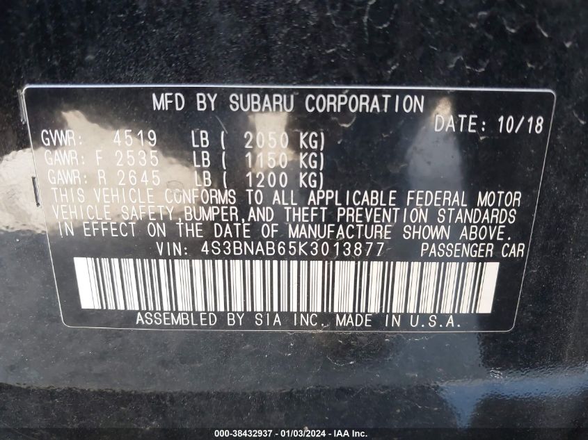 2019 SUBARU LEGACY 2.5I - 4S3BNAB65K3013877