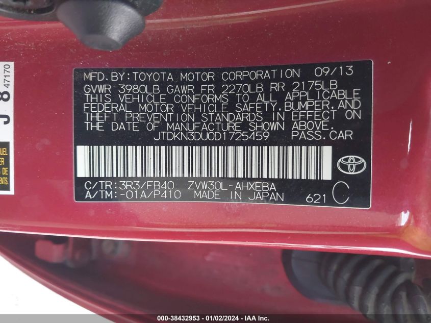 2013 TOYOTA PRIUS - JTDKN3D40D1725459