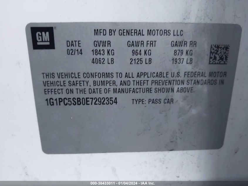 2014 CHEVROLET CRUZE LT - 1G1PC5SB0E7292354