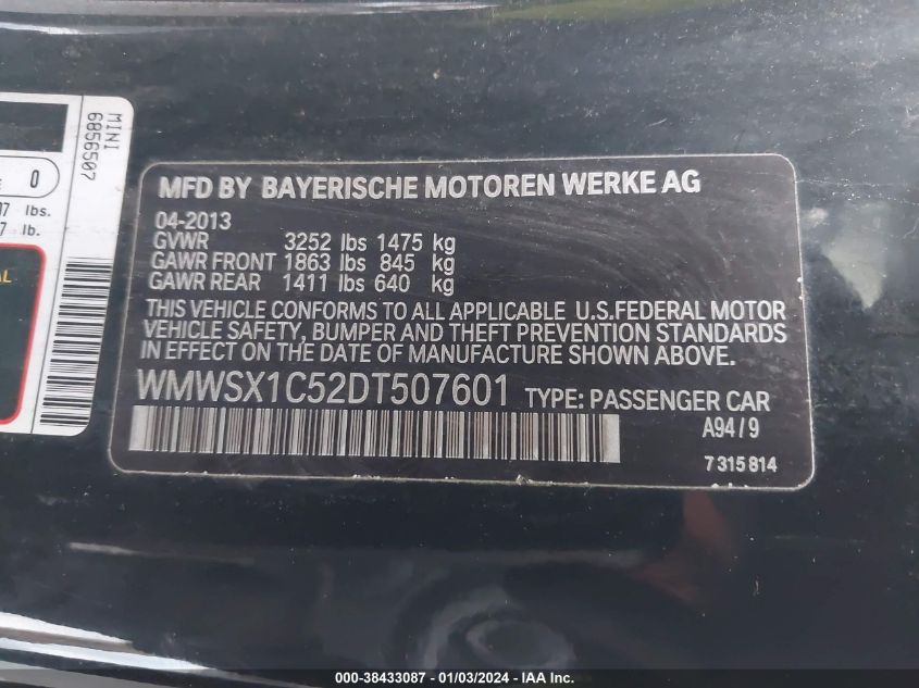 2013 MINI COUPE COOPER - WMWSX1C52DT507601