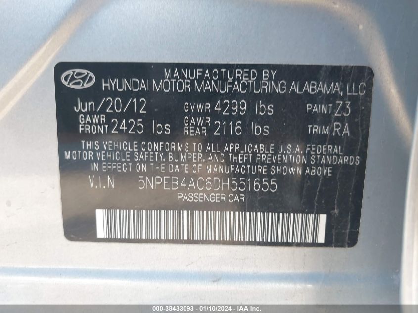 2013 HYUNDAI SONATA GLS - 5NPEB4AC6DH551655