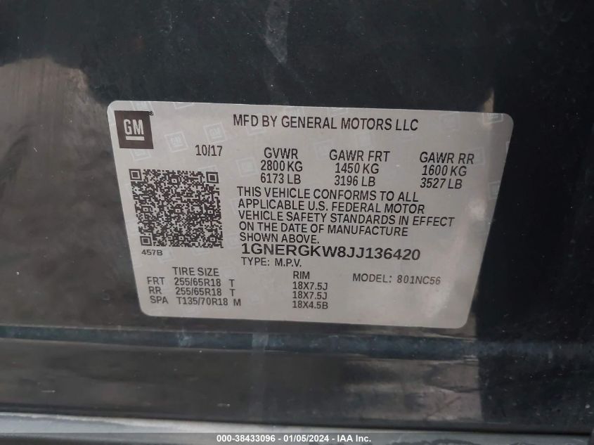 2018 CHEVROLET TRAVERSE 1LT - 1GNERGKW8JJ136420