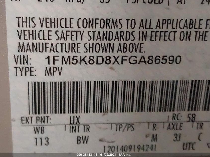2015 FORD EXPLORER XLT - 1FM5K8D8XFGA86590