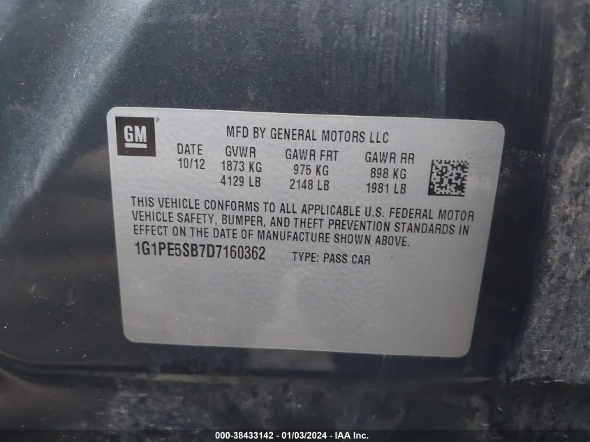 2013 CHEVROLET CRUZE 2LT AUTO - 1G1PE5SB7D7160362