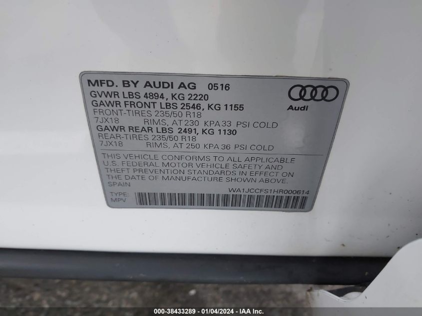 2017 AUDI Q3 2.0T PREMIUM - WA1JCCFS1HR000614