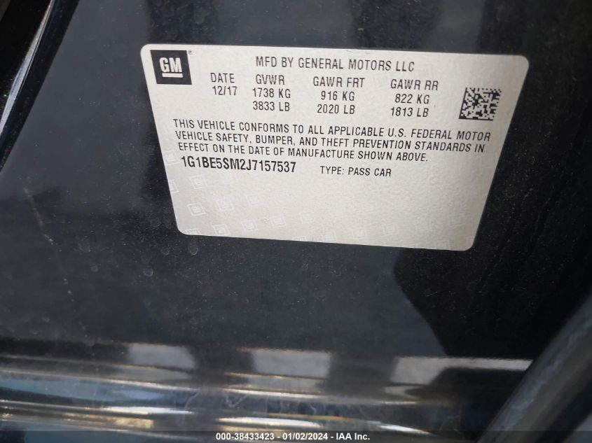 2018 CHEVROLET CRUZE LT AUTO - 1G1BE5SM2J7157537