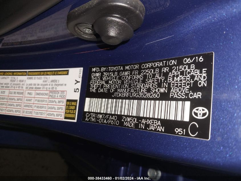 2016 TOYOTA PRIUS TWO - JTDKBRFU9G3528260