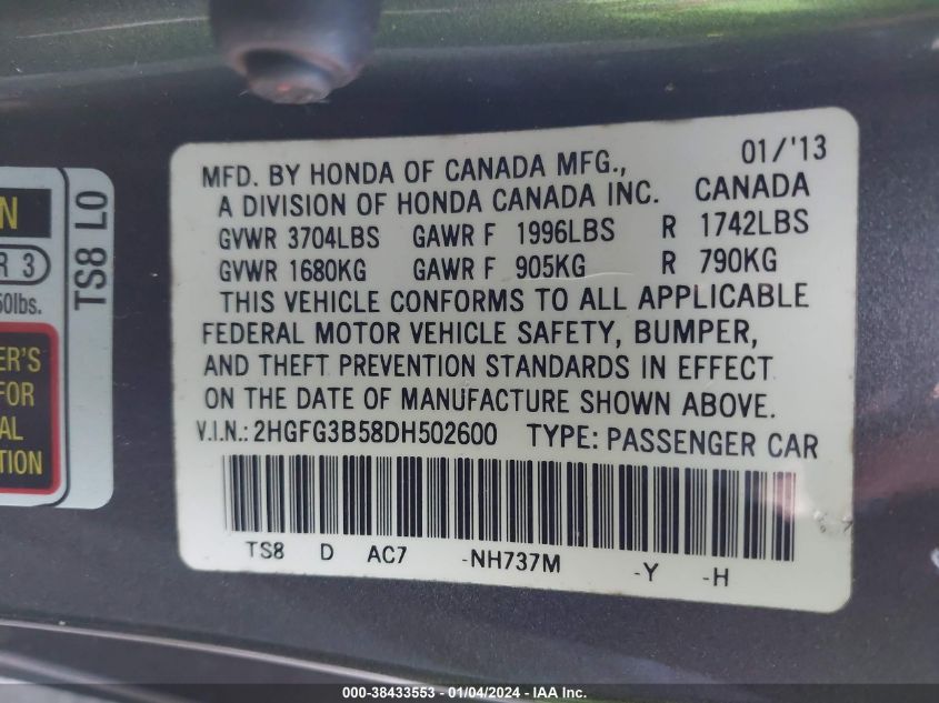2013 HONDA CIVIC LX - 2HGFG3B58DH502600
