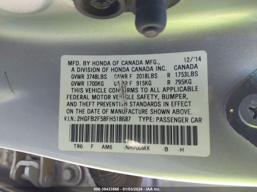2015 HONDA CIVIC LX - 2HGFB2F58FH518687