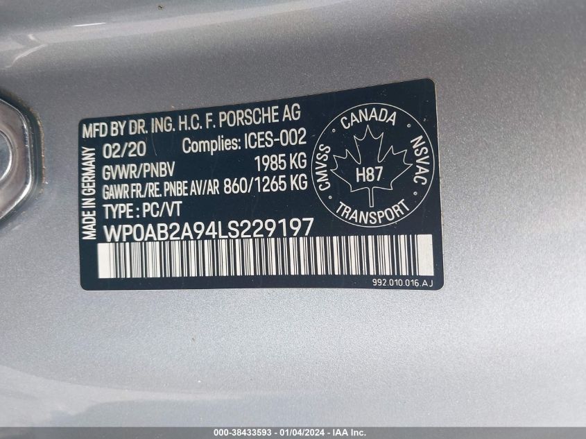 2020 PORSCHE 911 CARRERA S/CARRERA 4S - WP0AB2A94LS229197