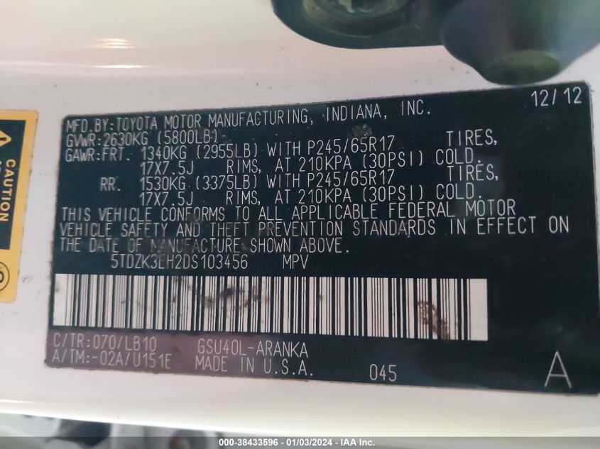 2013 TOYOTA HIGHLANDER PLUS/SE - 5TDZK3EH2DF103456