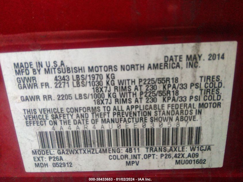 2014 MITSUBISHI OUTLANDER SPORT SE - 4A4AR4AU0EE030587