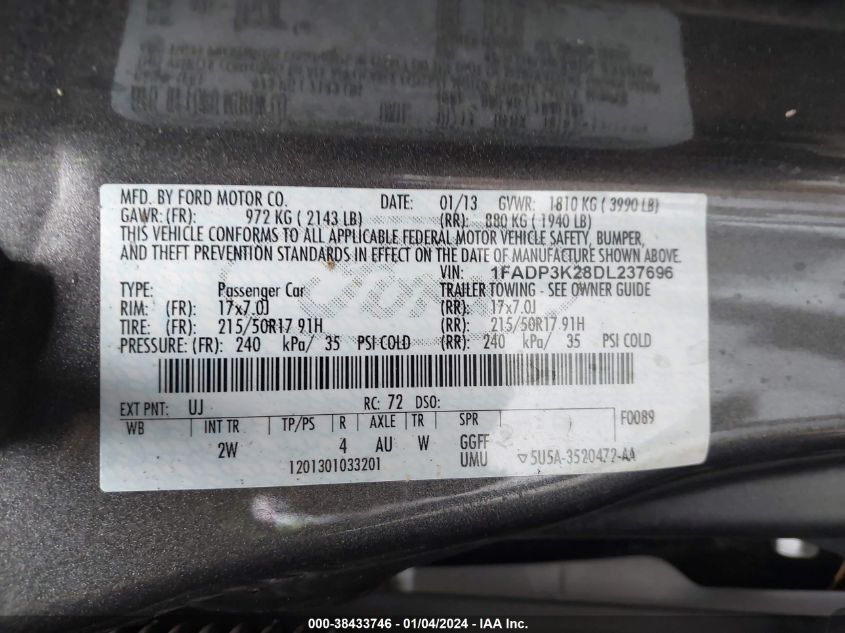 2013 FORD FOCUS SE - 1FADP3K28DL237696