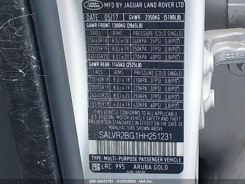 2017 LAND ROVER RANGE ROVER EVOQUE HSE - SALVR2BG1HH251231