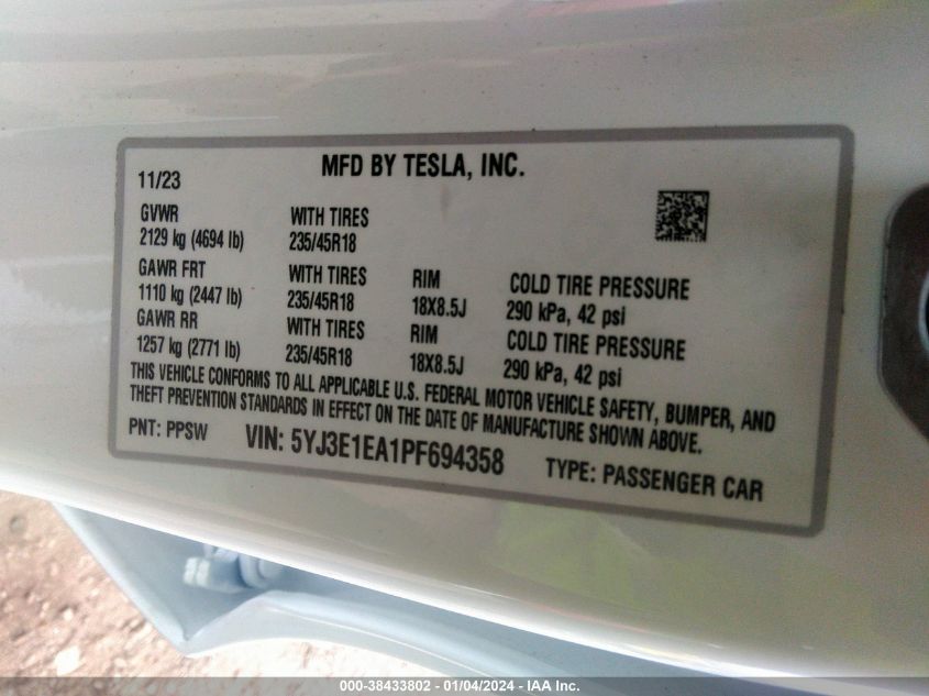 2023 TESLA MODEL 3 - 5YJ3E1EA1PF694358