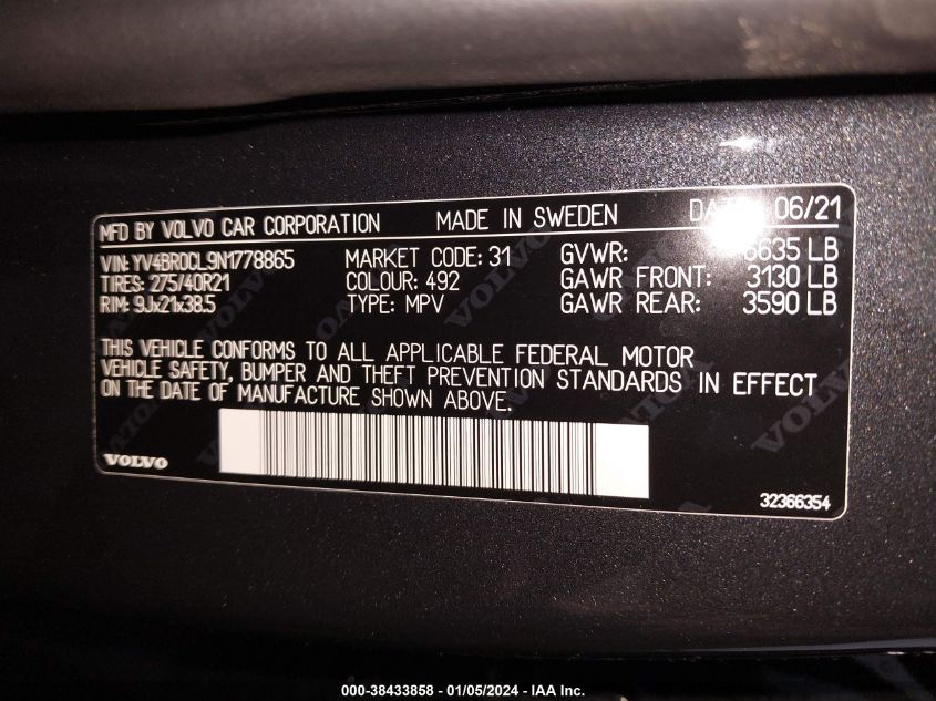 2022 VOLVO XC90 RECHARGE PLUG-IN HYBRID T8 INSCRIPTION 7 PASSENGER YV4BR0CL9N1778865