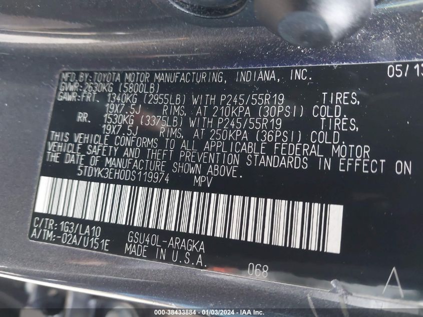 2013 TOYOTA HIGHLANDER LIMITED V6 - 5TDYK3EH0DS119974