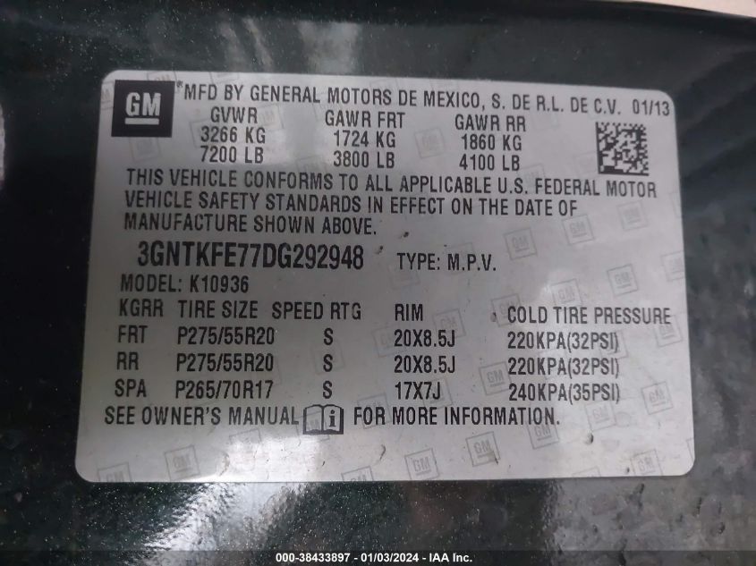 2013 CHEVROLET AVALANCHE LT - 3GNTKFE77DG292948