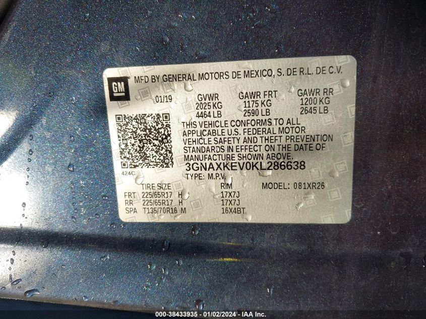 2019 CHEVROLET EQUINOX LT - 3GNAXKEV0KL286638