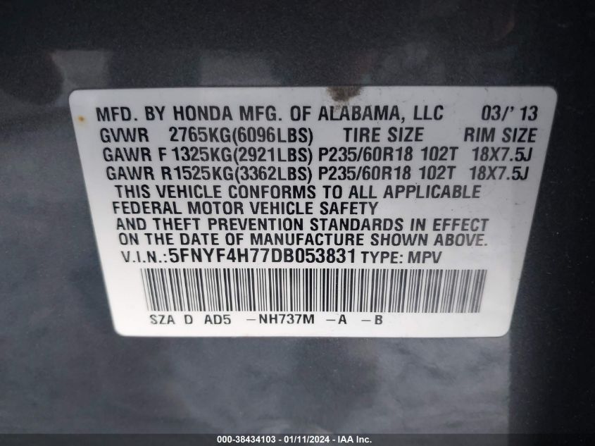 2013 HONDA PILOT EX-L - 5FNYF4H77DB053831