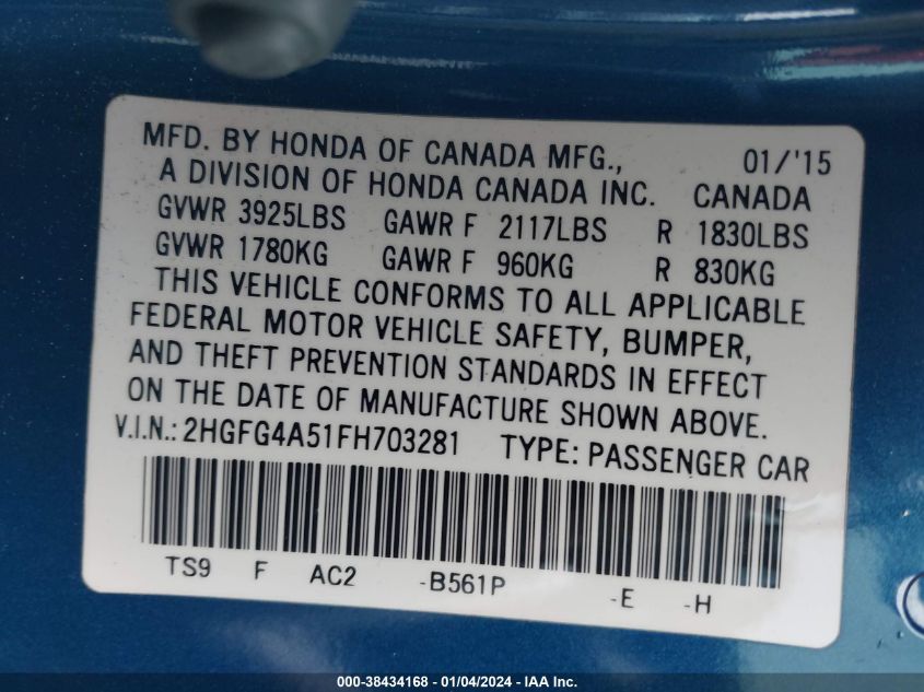 2015 HONDA CIVIC SI - 2HGFG4A51FH703281