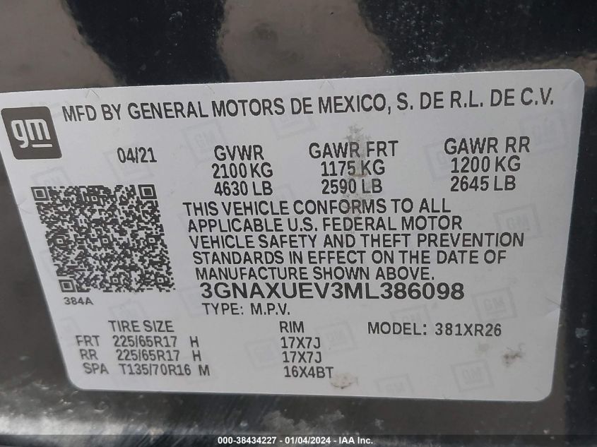 2021 CHEVROLET EQUINOX LT - 3GNAXUEV3ML386098