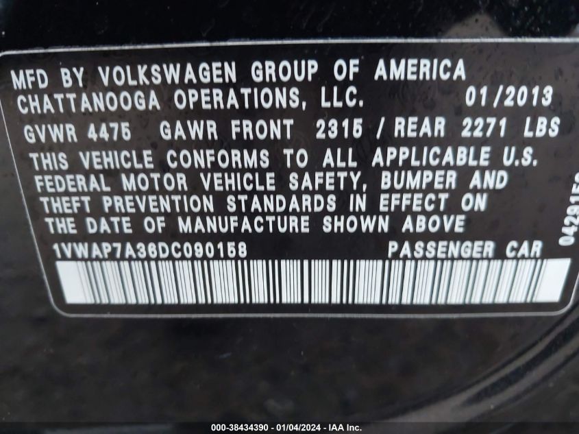 2013 VOLKSWAGEN PASSAT S - 1VWAP7A36DC090158