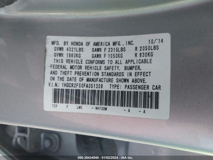 2015 HONDA ACCORD SPORT - 1HGCR2F50FA051309