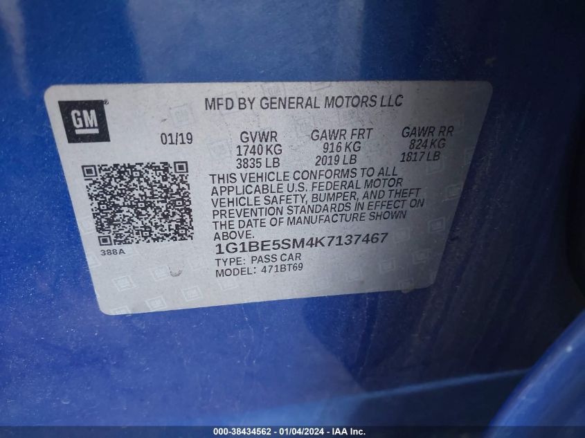2019 CHEVROLET CRUZE LT - 1G1BE5SM4K7137467