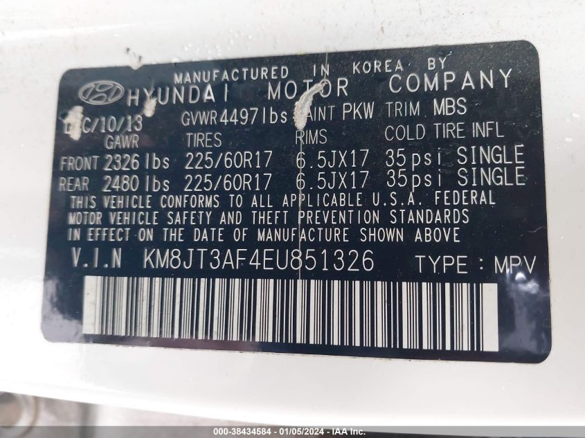 2014 HYUNDAI TUCSON GLS - KM8JT3AF4EU851326