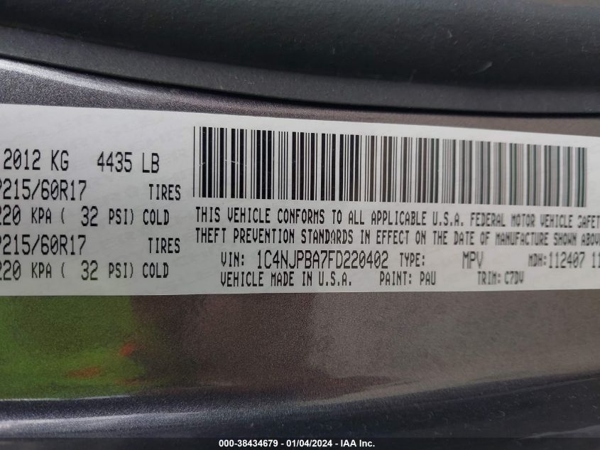 2015 JEEP PATRIOT SPORT - 1C4NJPBA7FD220402