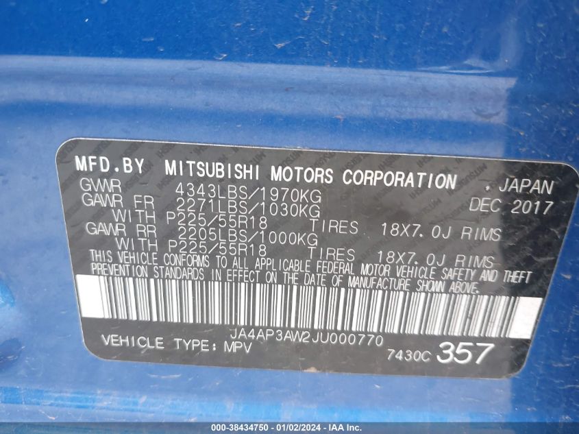 2018 MITSUBISHI OUTLANDER SPORT 2.4 SE - JA4AP3AW2JU000770