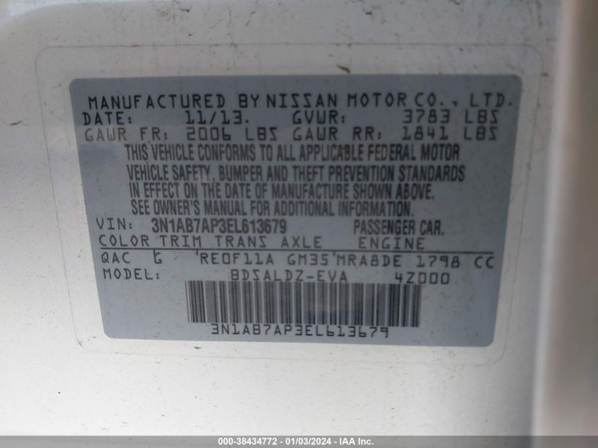 2014 NISSAN SENTRA S/SV/SR/SL - 3N1AB7AP3EL613679