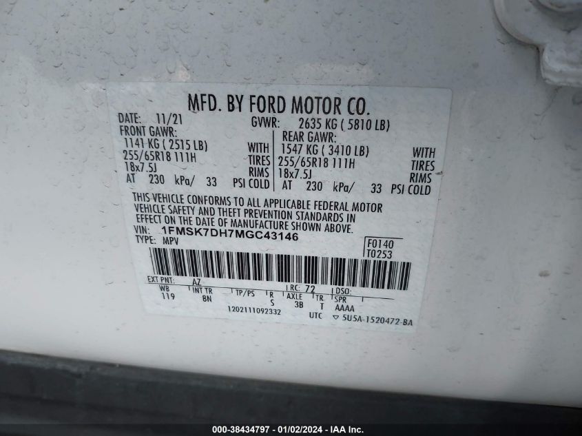 2021 FORD EXPLORER XLT - 1FMSK7DH7MGC43146