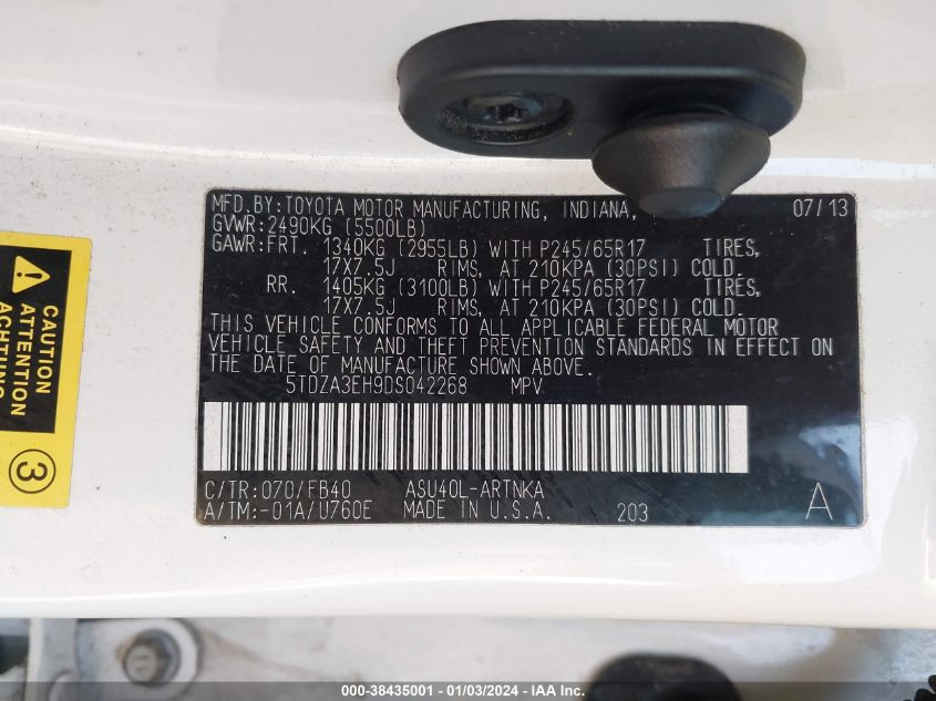 2013 TOYOTA HIGHLANDER PLUS - 5TDZA3EH9DS042268