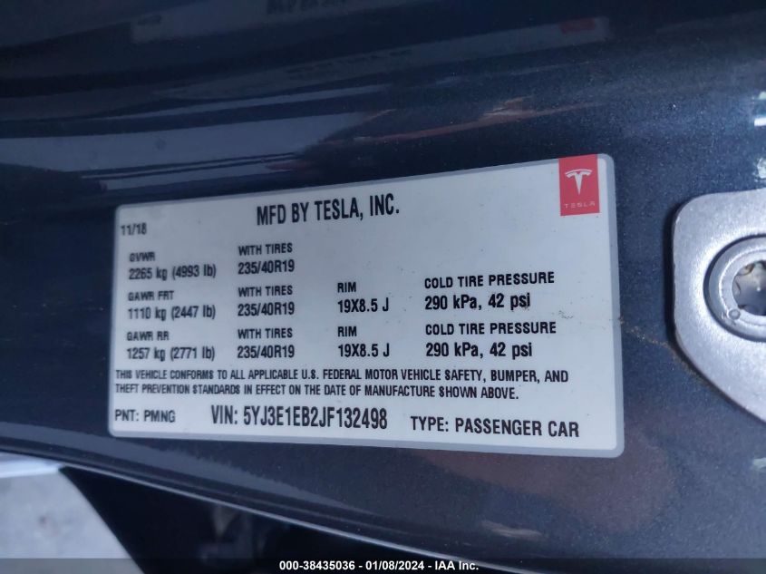 2018 TESLA MODEL 3 LONG RANGE/PERFORMANCE - 5YJ3E1EB2JF132498