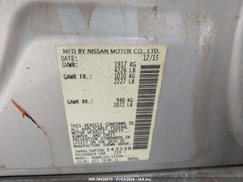 2016 NISSAN ALTIMA 2.5/S/SV/SL/SR - 1N4AL3AP2GC143538