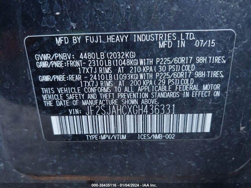 2016 SUBARU FORESTER 2.5I LIMITED - JF2SJAHCXGH436331