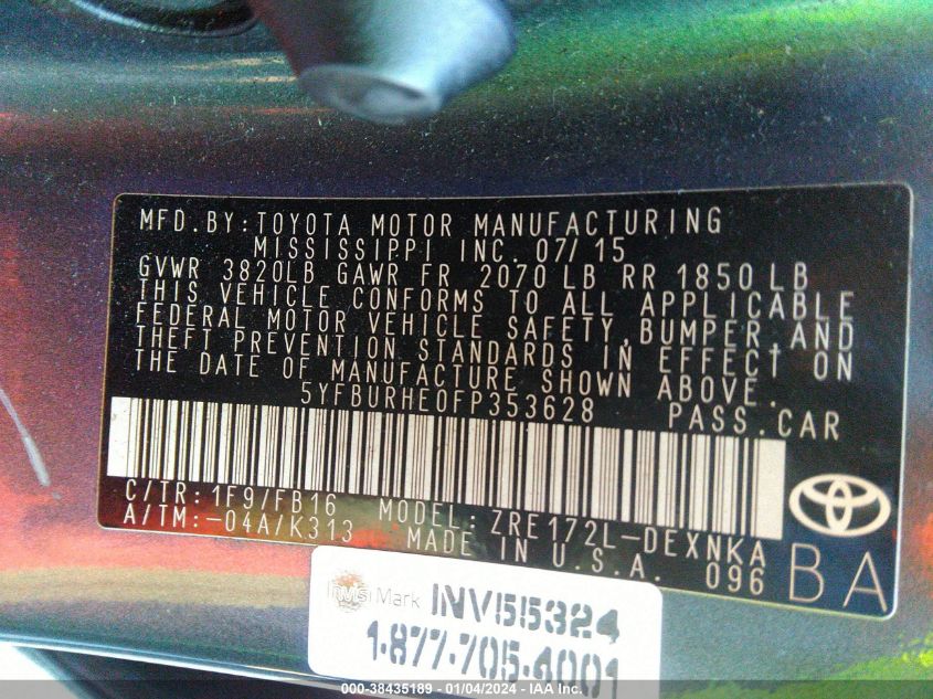 2015 TOYOTA COROLLA LE - 5YFBURHE0FP353628