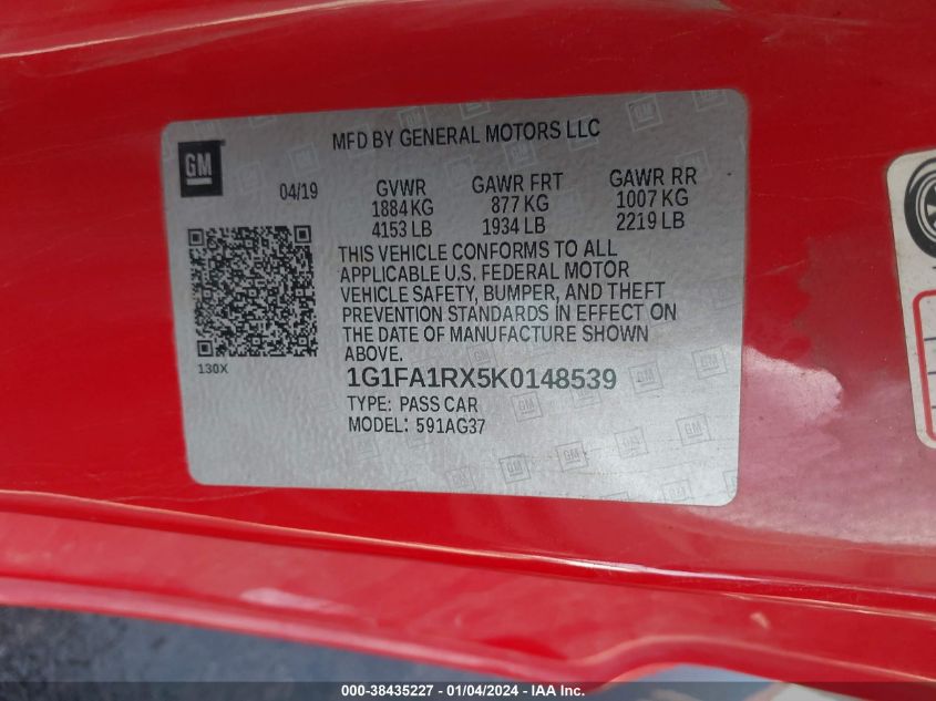 2019 CHEVROLET CAMARO LS/LT - 1G1FA1RX5K0148539