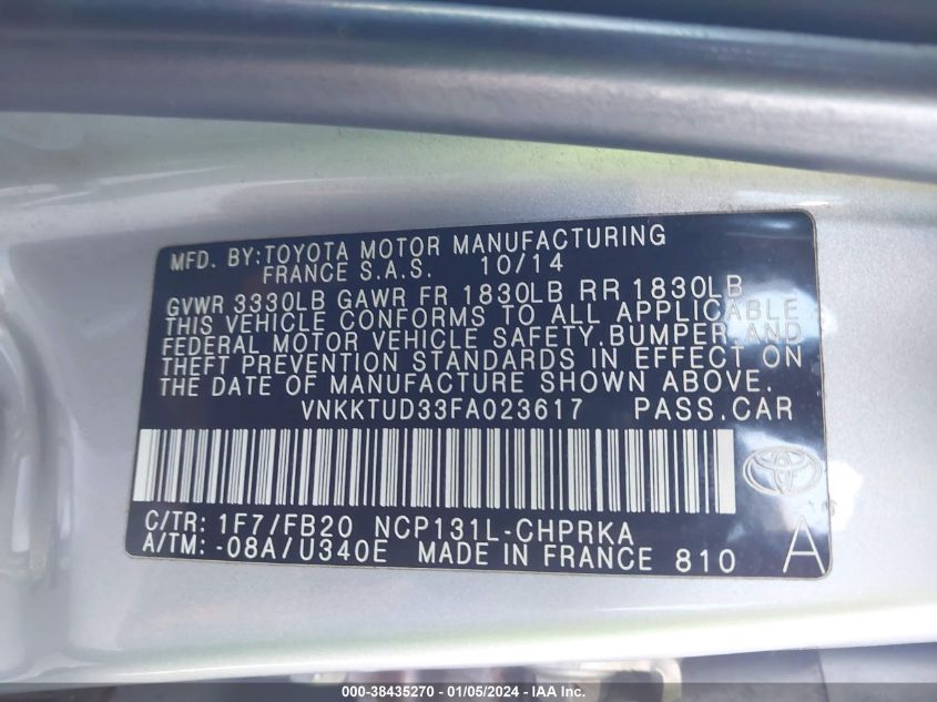 2015 TOYOTA YARIS - VNKKTUD33FA023617