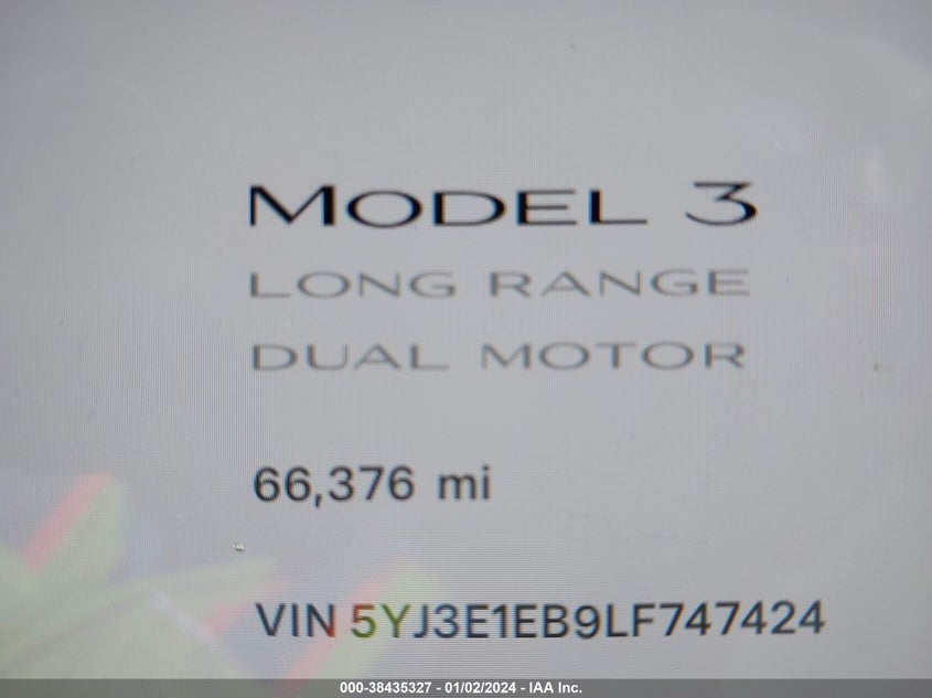 VIN 5YJ3E1EB9LF747424 2020 TESLA MODEL 3