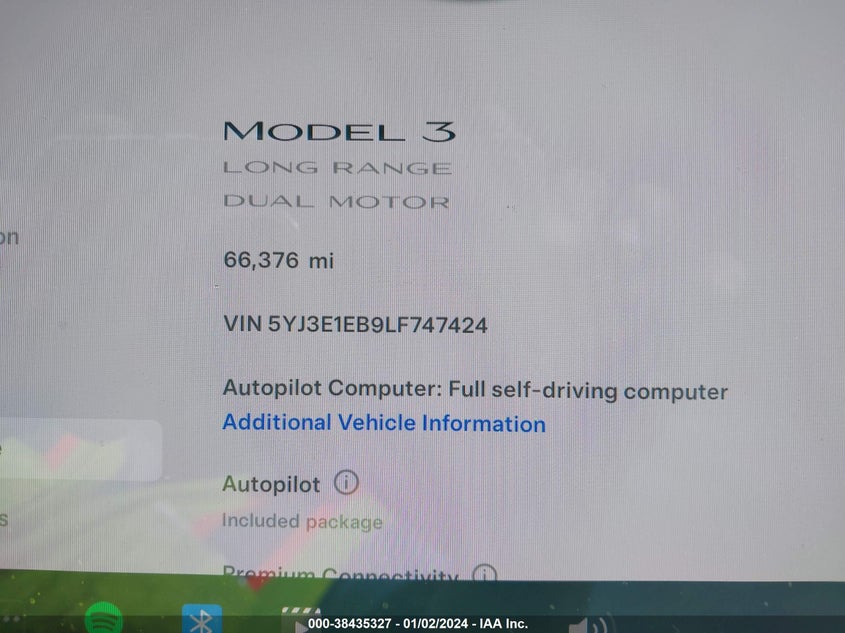 VIN 5YJ3E1EB9LF747424 2020 TESLA MODEL 3