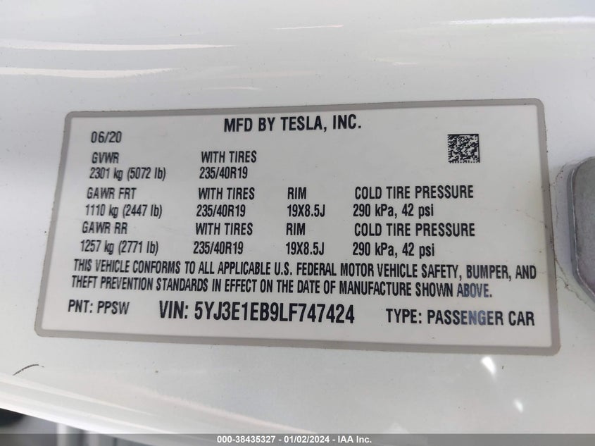 VIN 5YJ3E1EB9LF747424 2020 TESLA MODEL 3