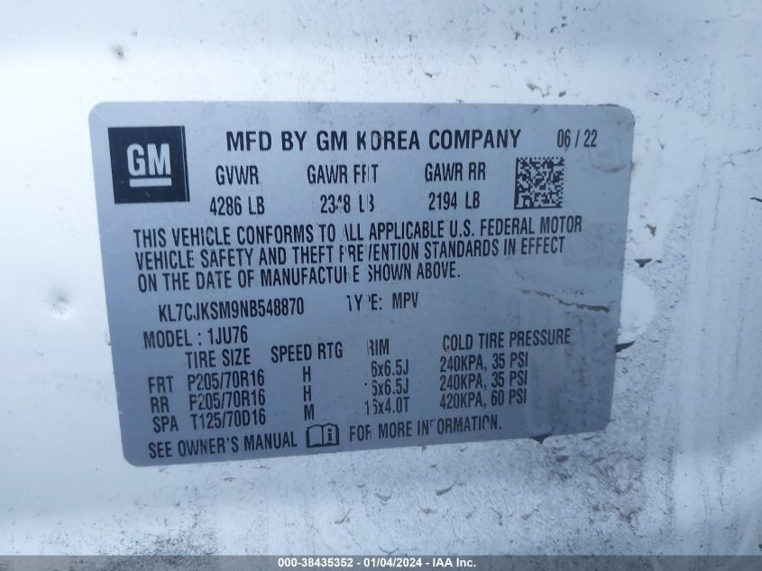 2022 CHEVROLET TRAX FWD LS - KL7CJKSM9NB548870