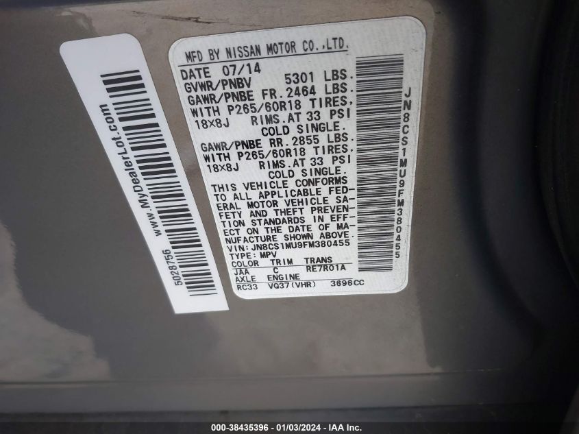 2015 INFINITI QX70 - JN8CS1MU9FM380455