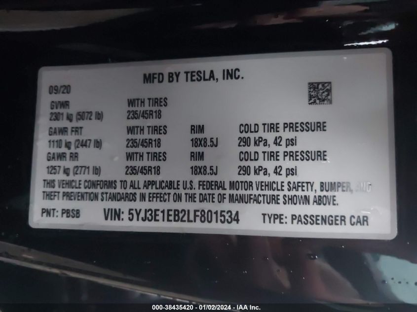 2020 TESLA MODEL 3 LONG RANGE DUAL MOTOR ALL-WHEEL DRIVE - 5YJ3E1EB2LF801534